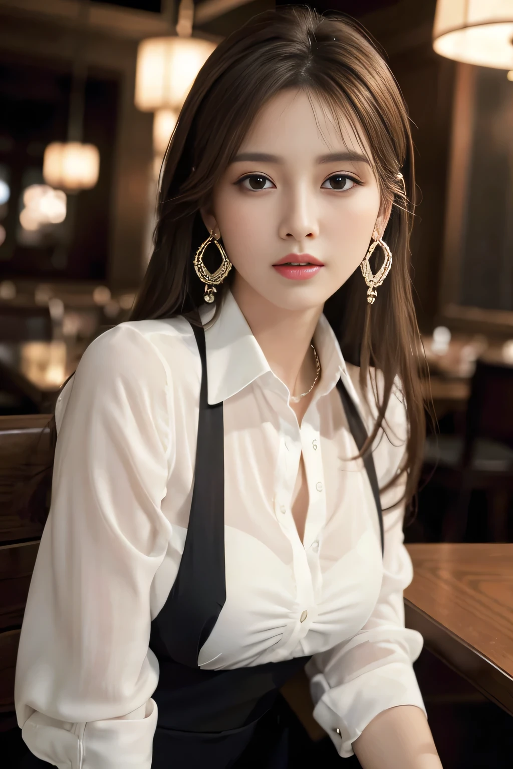 masterpiece, Highest quality, Realistic, Very detailed, Finer details, High resolution, 8k wallpaper, One beautiful woman, Wear an elegant white see-through shirt, In a great restaurant, At night, Light brown messy hair, Perfect dynamic composition, Beautiful and beautiful eyes、Big earrings、Sit on a chair、