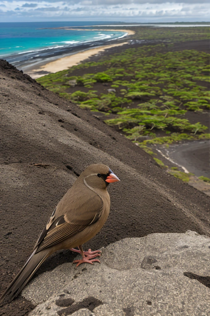 Galapagos dusky lead finch geospiza Fortis on dahpne island in Galapagos Ecuador in extreme drought time with sea view