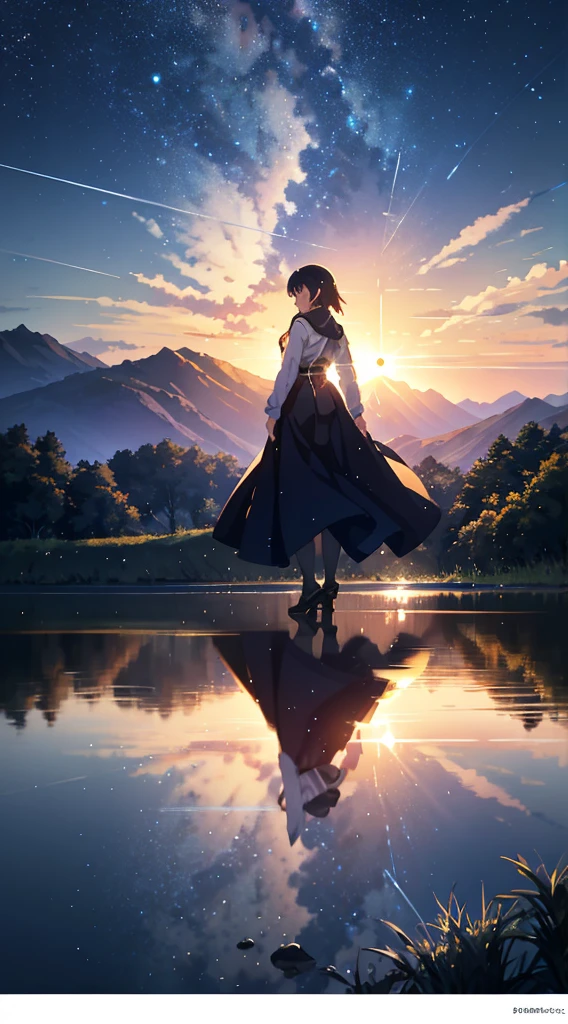 High quality masterpiece, landscape, anime train passing through bodies of water on tracks, bright starry sky. Romantic train, pixiv, concept art, lofi art style, reflection. by Makoto Shinkai, lofi art, Beautiful anime scene, Anime landscape, detailed scenery —width 672, in style of Makoto shinkai, style of Makoto shinkai, ノーガール、enhanced details.
