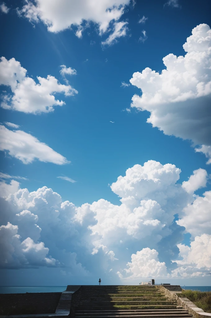 A realistic sky with vivid images and good contrast full of clouds where in the center of the image there is a staircase made of cloud at the top of it a light comes out