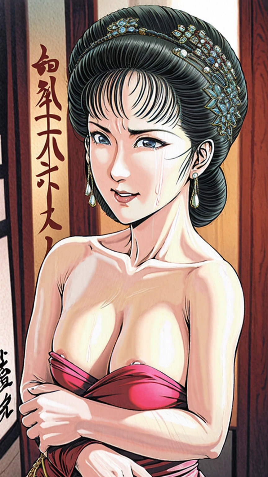 (best quality), (very aesthetic), (ultra-detailed), (best illustration),(a mature female),(perfect face),Suikoden,Mrs. Lin,(((NSFW))),((full_body)),((full_Nude)),(crying),red cheek,sweating,skinny,flushed skin,(hairly),(standing),(Undressing),traditional Chinese bedroom,