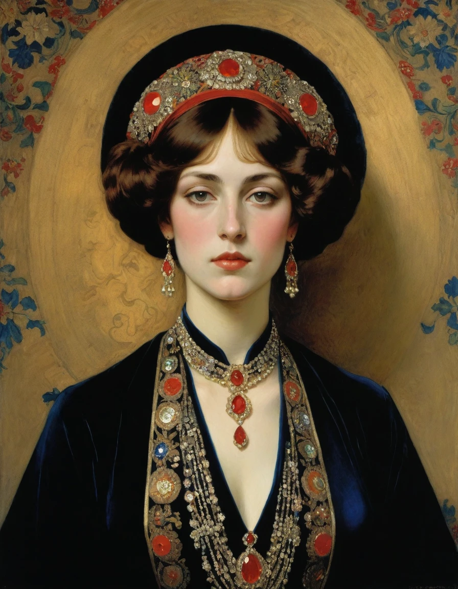 Design me a {{Colossal Masterpiece, high detail}}, a ((((Half body portrait)))), ((by Léon Bakst)), (by Moebius Jean Giraud), the composition is: a very young male noblewoman, sullen, sensual, facing viewer. She is wearing a fur hat. She is wearing a black Byzantine caftan with Mughal elements, embroidered Slavic elements, sashes, red diamond pendant
