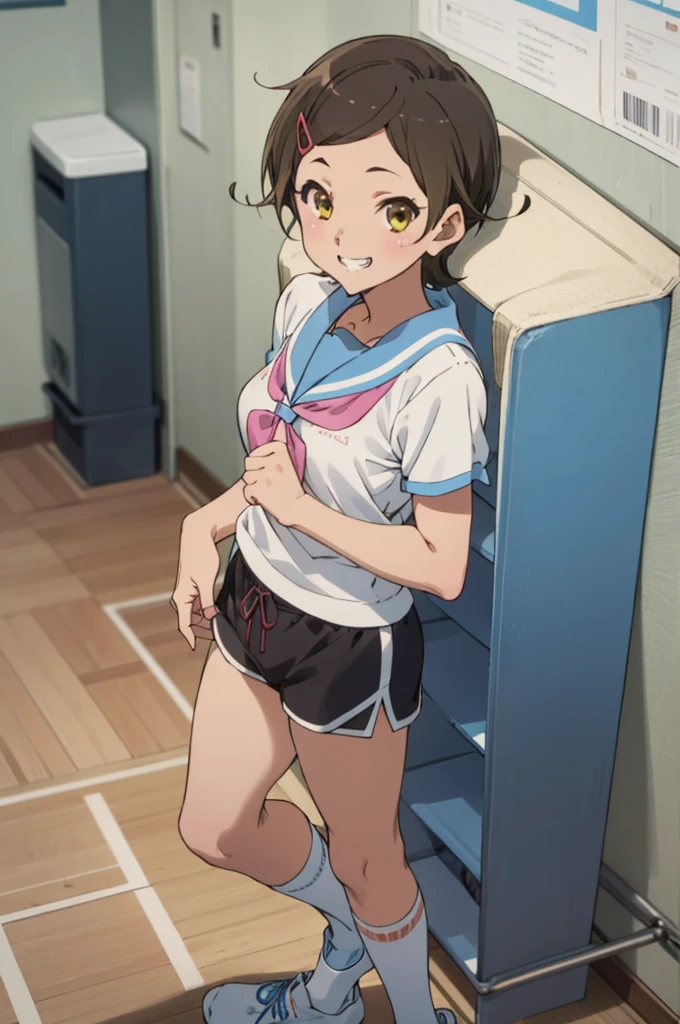 solo, 1girl, , hazuki katou,.,looking viewer ,grin,medium breasts,locker room,school gym shirts,school gym shorts,socks