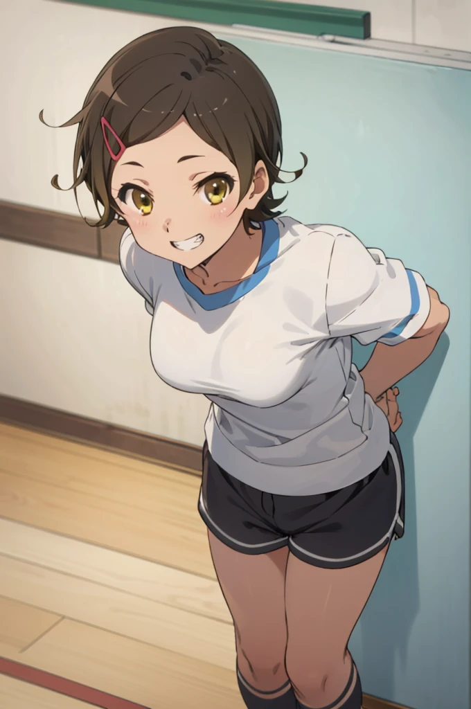 solo, 1girl, , hazuki katou,.,looking viewer ,grin,medium breasts,locker room,school gym shirts,school gym shorts,socks