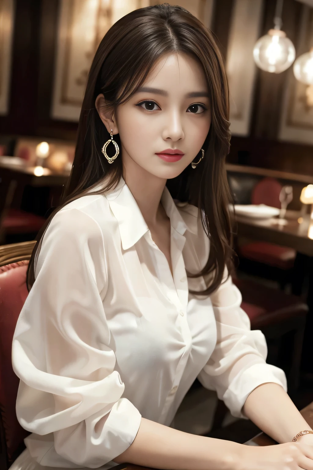 masterpiece, Highest quality, Realistic, Very detailed, Finer details, High resolution, 8k wallpaper, One beautiful woman, Wear an elegant white see-through shirt, In a great restaurant, At night, Light brown messy hair, Perfect dynamic composition, Beautiful and beautiful eyes、Big earrings、Sit on a chair、