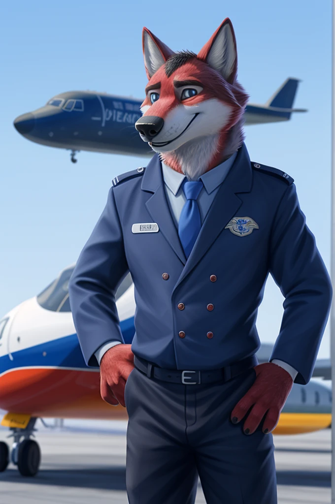 Ivan Fedorovich Wolfbach (Novosibirsk) ,высокий Beautiful, wolf,young, 24 years, brown fur,Kind,(red body:1.3),beautiful blue eyes,Novosibirsk,dressed,civil aviation pilot uniform,White shirt,epaulets командира, черный tie, trousers,airline pilot, commander's cap, trousers,canine, wolf, detailed fur, male, second, paw pads, finger claws,At the viewer, 5 fingers, paws, 5 fingers, smile, wrist watch, т nextel,by xenoforge, (difficult, high detail, digital photography, soft focus, RAW,goes for a walk, ,Very close to the camera,airport,Novosibirsk, smile, good mood, positive, Very close to the camera, plaid shirt, At the hairdresser, without hair, epaulets captain,
Photorealism, realistic, photorealistic, digital style, Subsurface scattering,I look at the viewer,стоит White shirt, epaulets, captain, trousers, tie, next to a Boeing 747 400 plane,smile, teeth, Beautiful,
masterpiece, Best quality, ultra realistic, 8 thousand.)