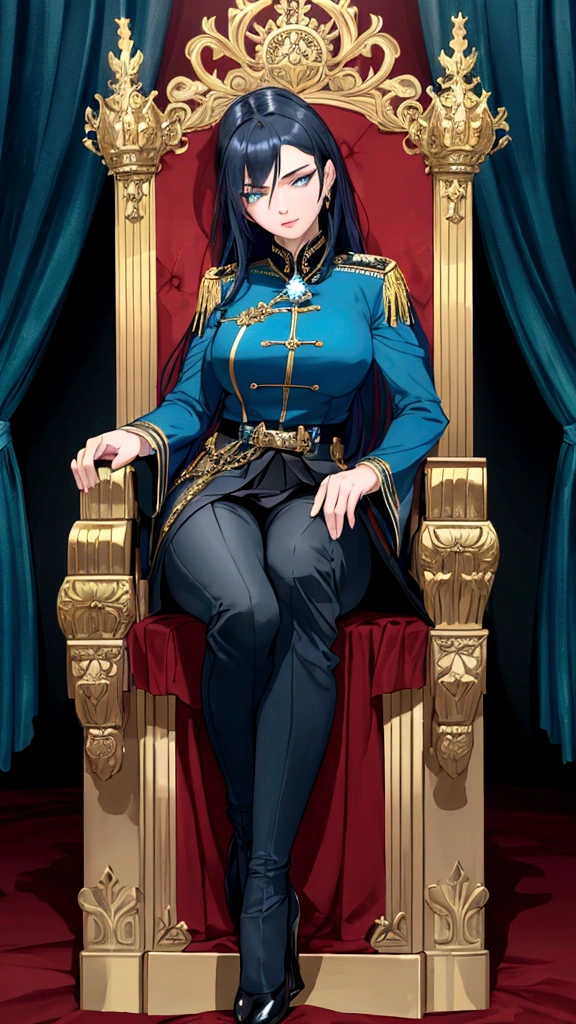 a very beautiful and seductive woman with the face of the reference image, sitting on an ornate throne chair, wearing a dark blue military uniform in Prusian Blue tone, details on the clothing in highly detailed aquamarine green, 8K, Masterpiece artwork, cinematic lighting, dramatic pose, Bright dark, details Intricate, rich colors , chic, majestic, look low and arrogant from top to bottom, mighty, age between 30 and 40 years, don&#39;t wear a skirt, wears pants, with bottom-up camera