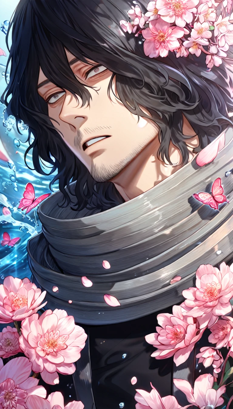 absurdres, highres, ultra detailed, HDR, master piece, best quality, Eraser Head, black hair, medium-lenght hair, expressive gray eyes, boku no hero academia, faint beard, black clothes, gray scarf, solo, sexy man, handsome, fantasy, shining, water, pink flowers, pink blossoms, pink butterflies, pink petals