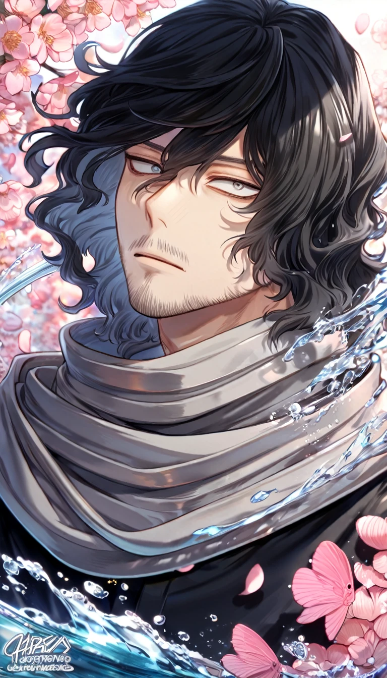 absurdres, highres, ultra detailed, HDR, master piece, best quality, Eraser Head, black hair, medium-lenght hair, expressive gray eyes, boku no hero academia, faint beard, black clothes, gray scarf, solo, sexy man, handsome, fantasy, shining, water, pink flowers, pink blossoms, pink butterflies, pink petals