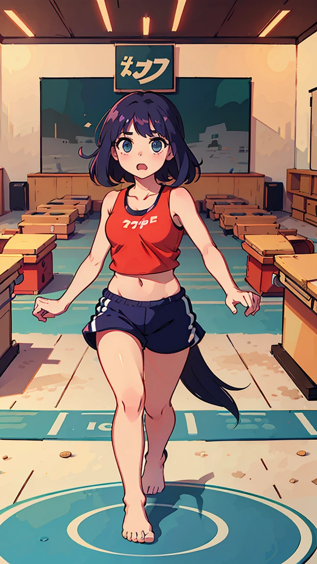Highest quality,1990s anime-style gal game,barefoot,,A lot of barefoot girls in gym clothes、Standing in a row、In formation、Running on the beach,The girls素足です,The girls汗をかきながら、I'll run for my life,White T-shirt and blue shorts,The girls、Line up、Run in a line,A large number of multiple girls、Standing in line