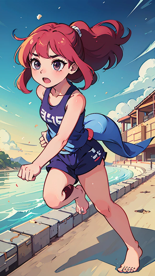Highest quality,1990s anime-style gal game,barefoot,,A lot of barefoot girls in gym clothes、Standing in a row、In formation、Running on the beach,The girls素足です,The girls汗をかきながら、I'll run for my life,White T-shirt and blue shorts,The girls、Line up、Run in a line,A large number of multiple girls、Standing in line