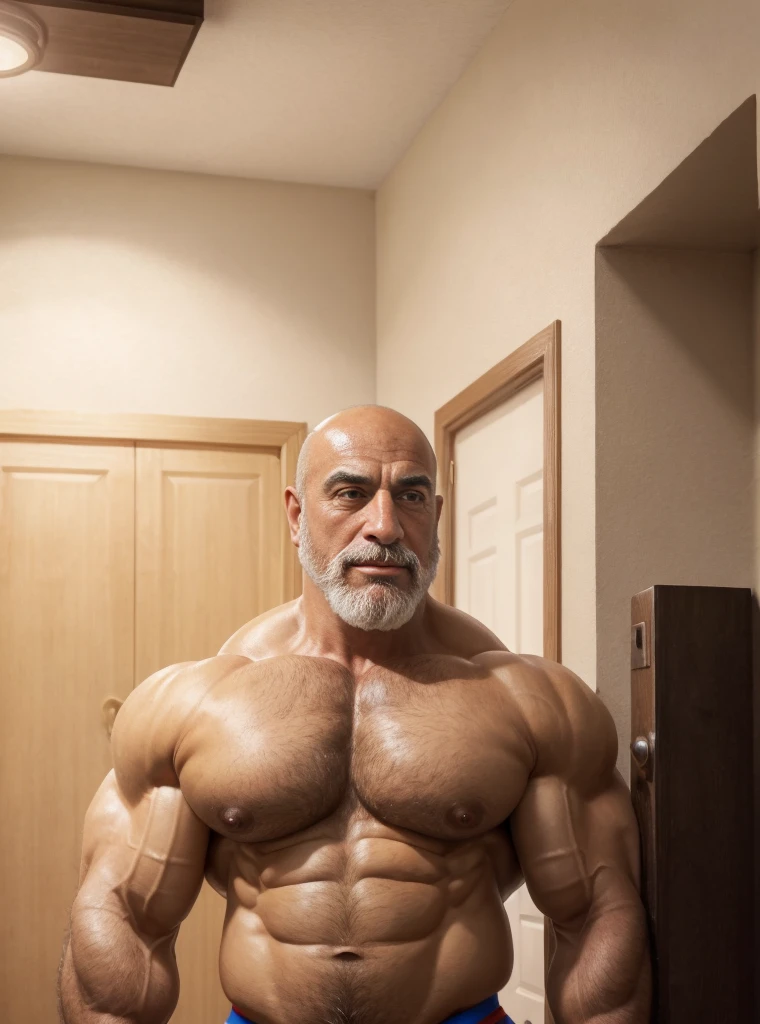 A handsome  old Assyridad with a massive beard and no shirt standing in front of a door,bald head,hyper muscular, pumped, roids, huge pecs, arms, biceps, shoulders, male focus, centered, tan skin, bodybuilder, meticulous muscle definition, detailed face, big sexual en(60 years old)