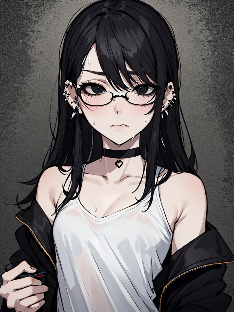(masterpiece), best quality, expressive eyes, highres, anatomically correct, 1girl, perfect face, perfect hands, female, pale, glasses, messy hair, black hair, very long hair, black eyes, glasses, weak, tired, small breasts, graphic t-shirt, gothic, emo, goth, exposed left shoulder, piercings, ear piercings, lip piercings, fatigue, eye-bags, sore, blank eyes, expressionless, weak, crazy face, crazy eyes, swept bangs, choker, standing, freaked out, shocked, nervous, stressed, sweating, black hair, black eyes, wet shirt, black jacket,