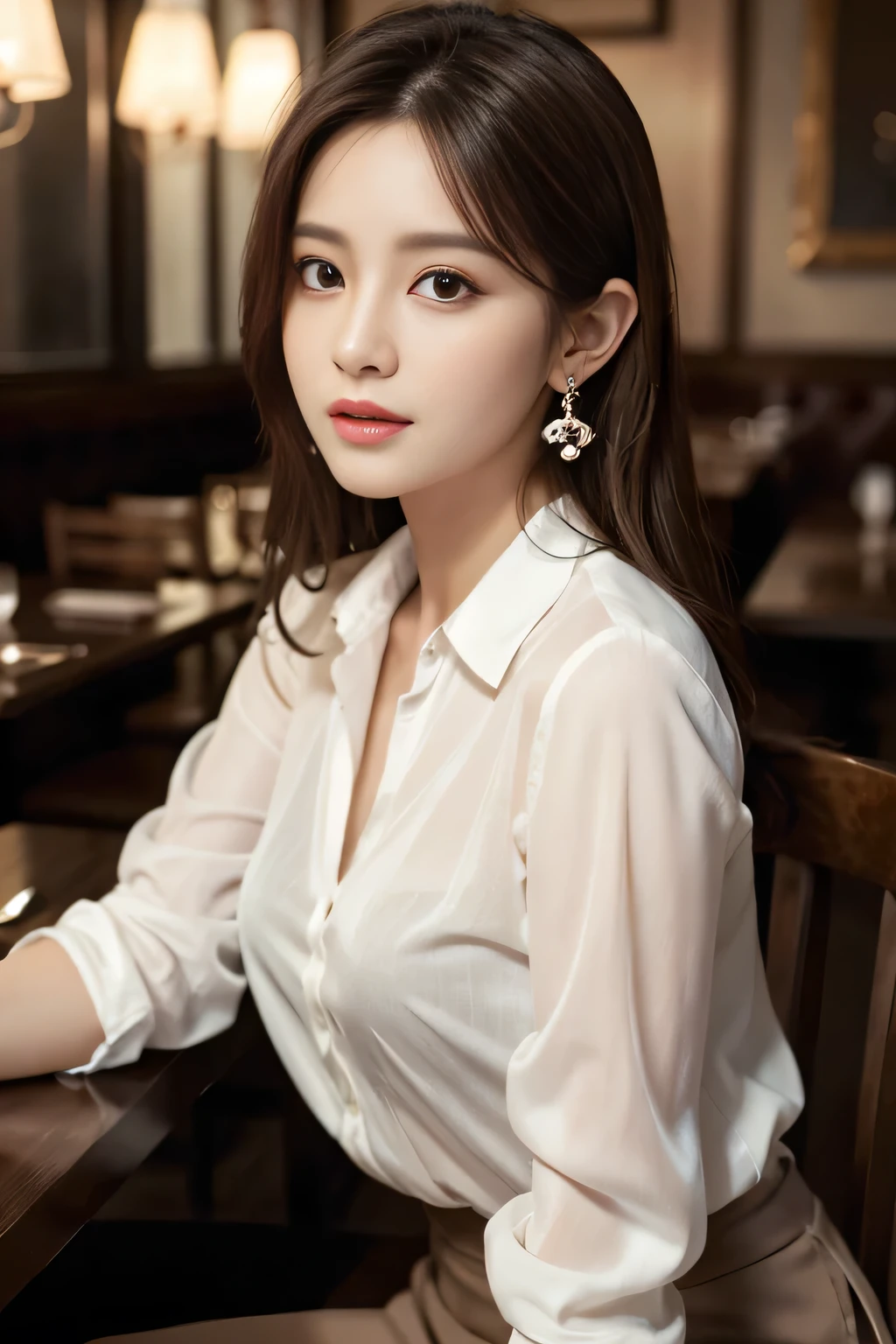 masterpiece, Highest quality, Realistic, Very detailed, Finer details, High resolution, 8k wallpaper, One beautiful woman, Wear an elegant white see-through shirt, In a great restaurant, At night, Light brown messy hair, Perfect dynamic composition, Beautiful and beautiful eyes、Big earrings、Sit on a chair、