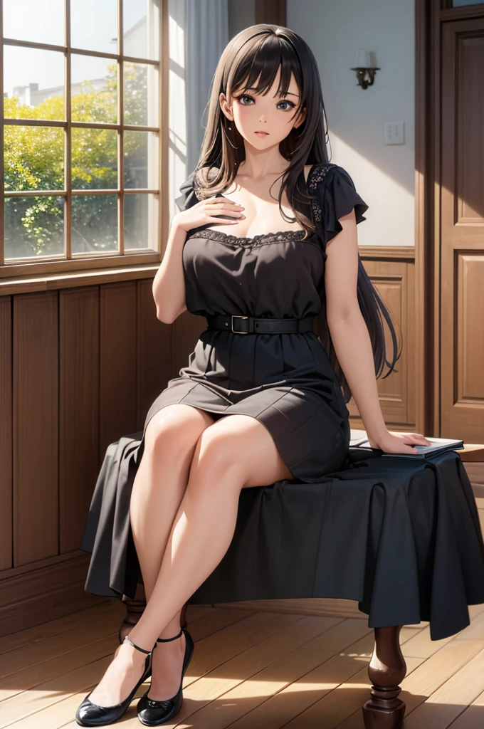 Girl, brown hair, blue eyes, full body, black shirt, black skirt, ballerina flat shoes, huge chest, sitting on wooden chair, table, tea, books, mansion, wooden floor, red carpet, window, open window, petals, butterfly, seductive, bitting lip, ggabbing chest, night, moon, stars, High detail,Cinematic scene,Highest image quality,(8K), Ultra-realistic, Best Quality, High quality, High Definition, high quality texture, high detailing, Beautiful detailed, fine detailed, extremely details CG, Detailed texture, realistic representation of face, masterpiece, presence, Dynamic, Bold