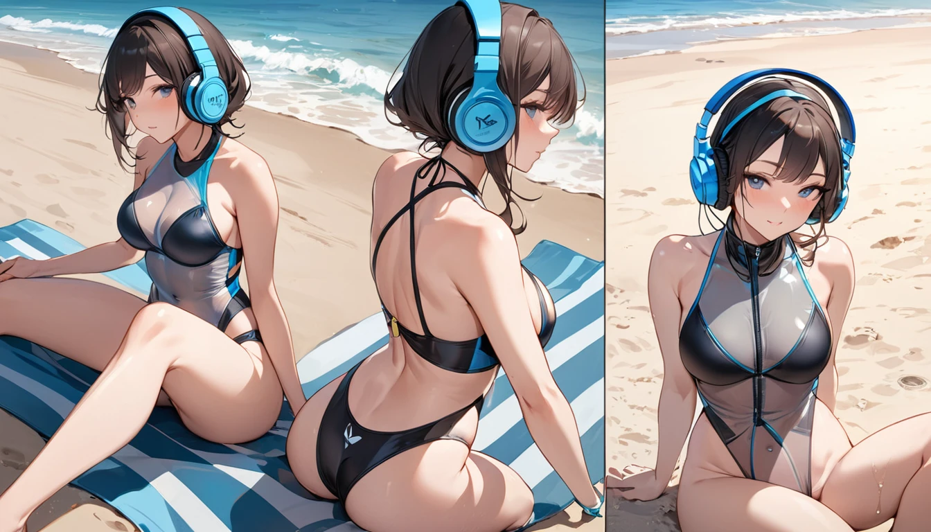 ((Top Quality)), ((Masterpiece)), ((Detail)), Perfect face, Perfact bodty, sitting on the beach, listening to music, wearing headphones, wearing swimsuits, swimsuits are transparent, legs open Sitting wide open, wearing tight clothing (yes, buttocks and breasts are exposed). I see a face, one women