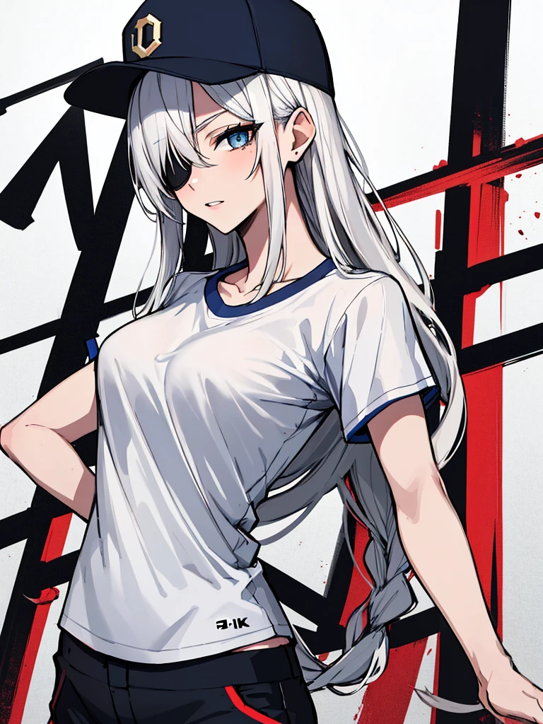 (absurdres, 8k, 4k, masterpiece, hyper extreme detailed:1.2), solo, 1girl, portrait, best quality, expressive eyes, perfect face, portrait, looking at viewer, solo, standing, casual wear, toned, white haired, eye patch, braided hair, long hair, medium breasts, scars, blue eyes, very long hair, military, shorts, white t-shirt, toned body, athletic body, muscular, friendly, calm, graphic t-shirt, medium bust, graphic t-shirt, baseball cap,