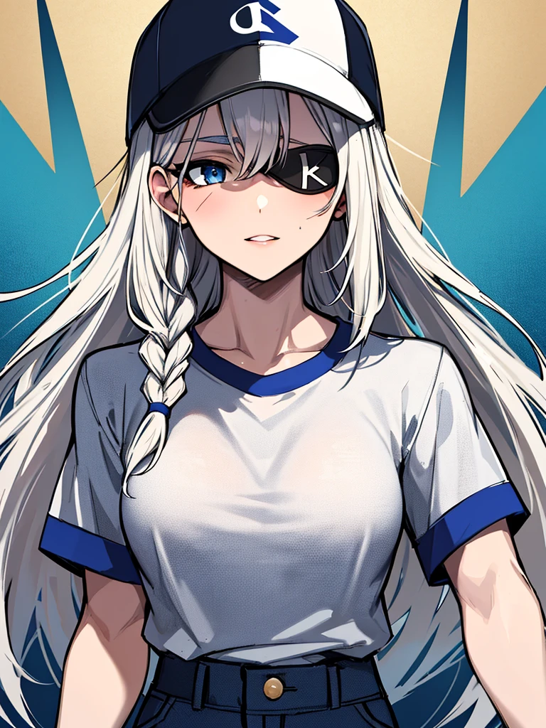 (absurdres, 8k, 4k, masterpiece, hyper extreme detailed:1.2), solo, 1girl, portrait, best quality, expressive eyes, perfect face, portrait, looking at viewer, solo, standing, casual wear, toned, white haired, eye patch, braided hair, long hair, medium breasts, scars, blue eyes, very long hair, military, shorts, white t-shirt, toned body, athletic body, muscular, friendly, calm, graphic t-shirt, medium bust, graphic t-shirt, baseball cap,