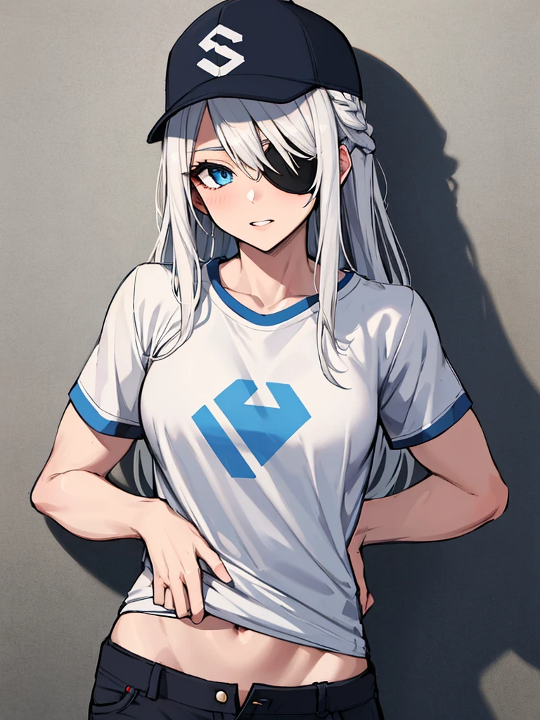 (absurdres, 8k, 4k, masterpiece, hyper extreme detailed:1.2), solo, 1girl, portrait, best quality, expressive eyes, perfect face, portrait, looking at viewer, solo, standing, casual wear, toned, white haired, eye patch, braided hair, long hair, medium breasts, scars, blue eyes, very long hair, military, shorts, white t-shirt, toned body, athletic body, muscular, friendly, calm, graphic t-shirt, medium bust, graphic t-shirt, baseball cap,