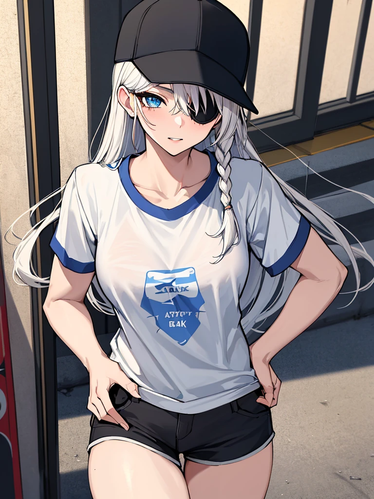 (absurdres, 8k, 4k, masterpiece, hyper extreme detailed:1.2), solo, 1girl, portrait, best quality, expressive eyes, perfect face, portrait, looking at viewer, solo, standing, casual wear, toned, white haired, eye patch, braided hair, long hair, medium breasts, scars, blue eyes, very long hair, military, shorts, white t-shirt, toned body, athletic body, muscular, friendly, calm, graphic t-shirt, medium bust, graphic t-shirt, baseball cap,
