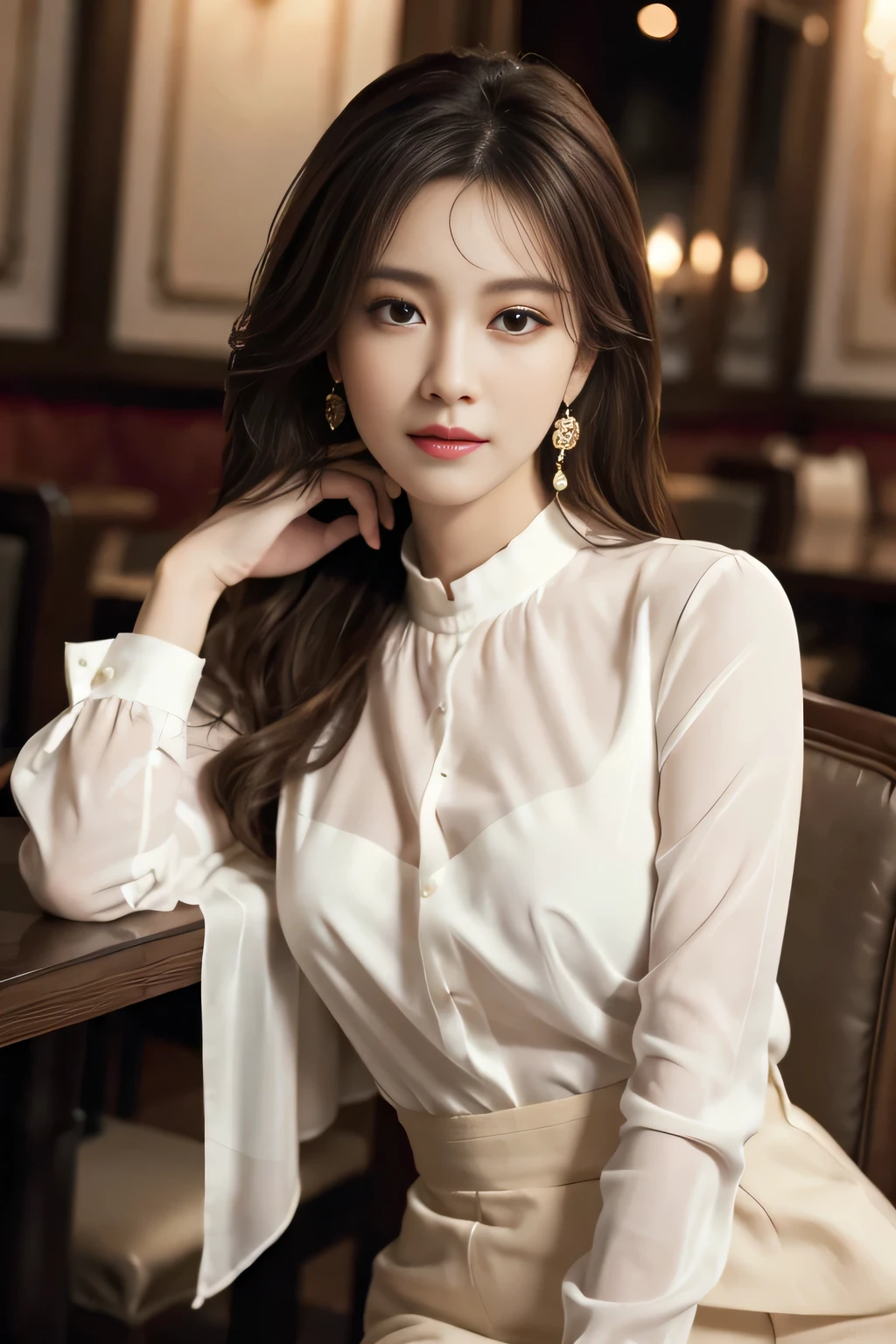masterpiece, Highest quality, Realistic, Very detailed, Finer details, High resolution, 8k wallpaper, One beautiful woman, Wear an elegant white see-through shirt, In a great restaurant, At night, Light brown messy hair, Perfect dynamic composition, Beautiful and beautiful eyes、Big earrings、Sit on a chair、