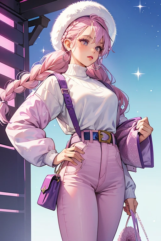 Snowlicious is the OMG Doll with tan skin, periwinkle eyes, light pink eye shadow, nail polish, and lipstick, pink blush, and periwinkle hair tied into braids.
She wears a pink turtleneck top, glittery silver jeans, a white fuzzy parka, a matching white fuzzy hat, purple belt with a white buckle that reaches down to the middle of her left thigh, and lavender boots. Her sunglasses are pink and translucent. She also wears silver hoop earrings and has 2 bags: a purple backpack and a pink pouch attached to her belt. SPARKLE; GLITTER