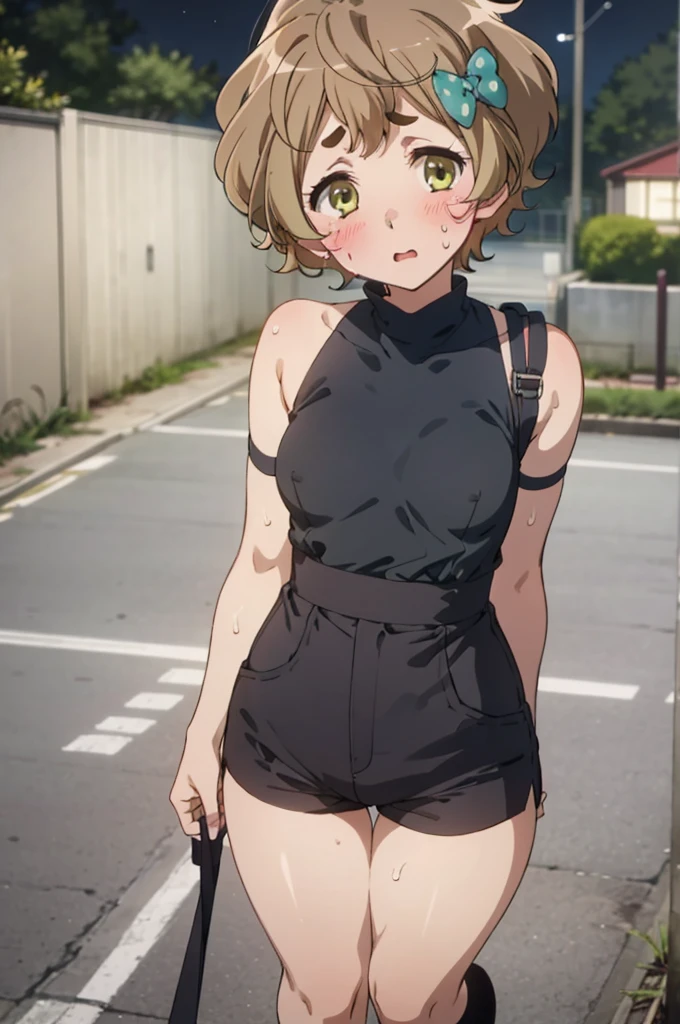 solo, 1girl, looking at viewer, , sapphire kawashima, ,(((Sweating,blush))),outdoor,night,standing,,socks,small breasts,nsfw,shoulder strap,high waist shorts,