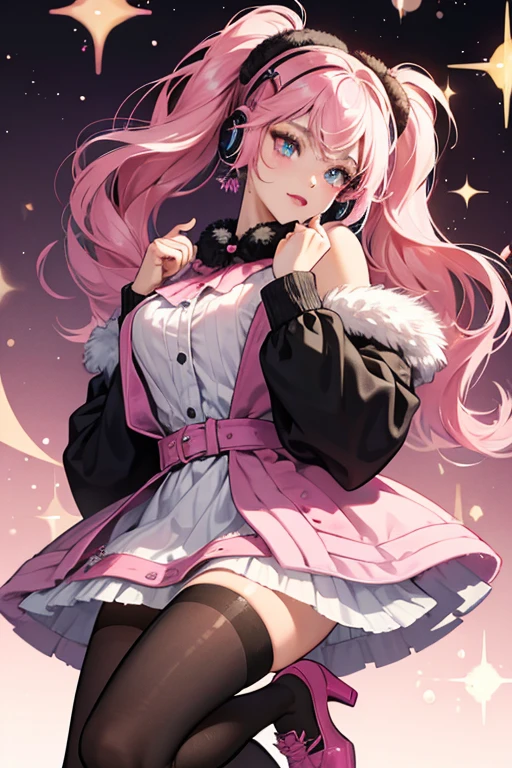Dollie has tan skin, brown eyes, light blue eye shadow, pink lipstick and nail polish, a beauty mark at the outer corner of her left eye, and white (left) and black (right) hair partially tied into pigtails with hot pink hair ties.
She wears a black and white poncho with a checkerboard pattern on the left side, glitter along the bottom, and black faux fur around the collar, a long-sleeved blouse and skirt with the similar pattern and faux fur (sleeve-ends for the blouse, and the bottom hemming for the skirt) as the poncho, soft pink stockings, and hot pink heels. She also accessorizes with a pair hot pink diamond-studded earmuffs, black translucent sunglasses, and a black purse. SPARKLE; GLITTER