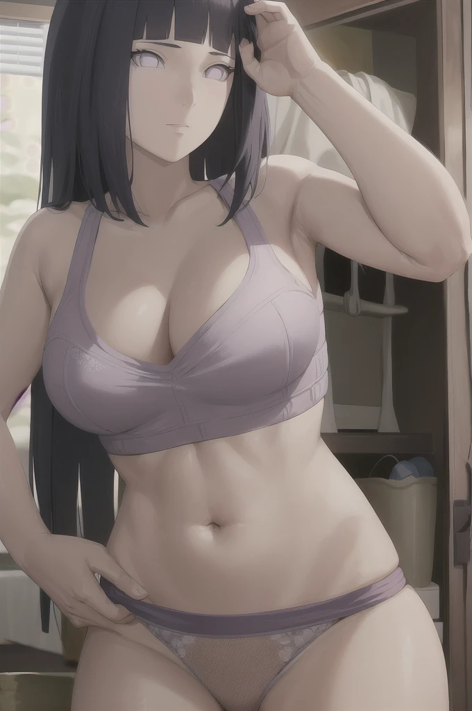 masterpiece, absurdres , (intricate details), (colorful),cinematic lighting,bust shot,extremely detailed CG unity 8k wallpaper ,hinata\(boruto\), 1girl, solo,mature female, arm up, looking at viewer, sports bra, locker room,cowboy shot,