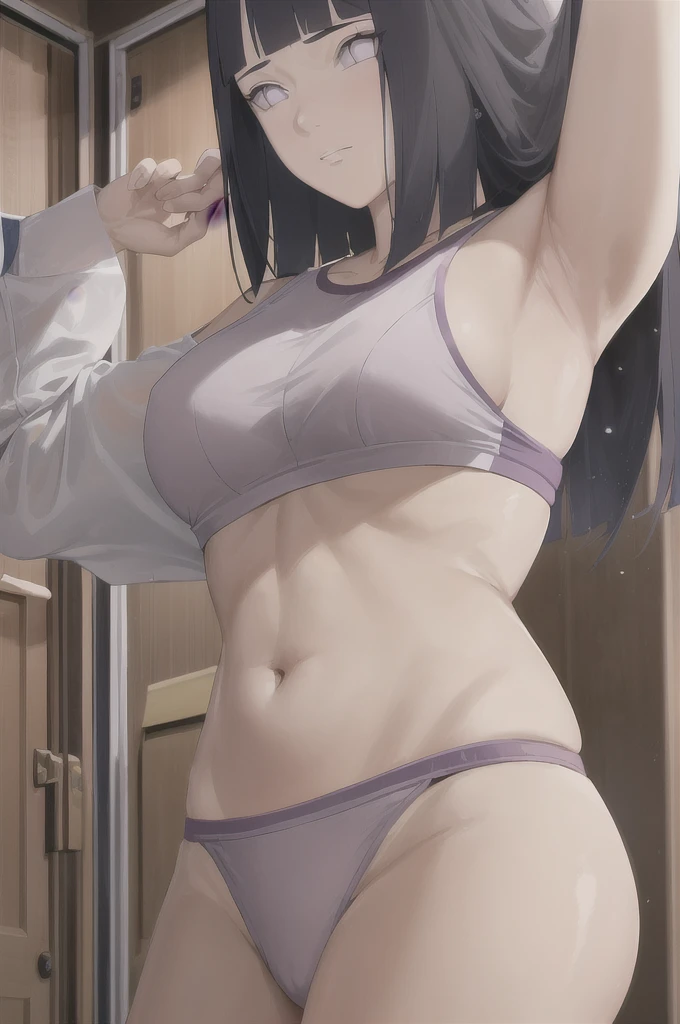 masterpiece, absurdres , (intricate details), (colorful),cinematic lighting,bust shot,extremely detailed CG unity 8k wallpaper ,hinata\(boruto\), 1girl, solo,mature female, arm up, looking at viewer, sports bra, locker room,cowboy shot, 