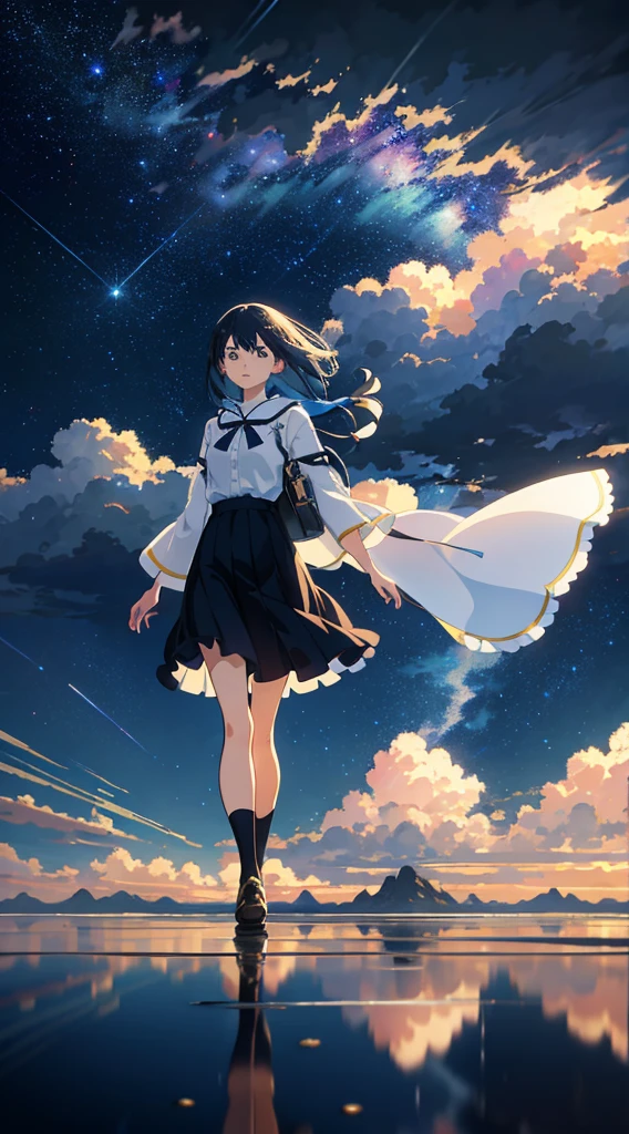 High quality masterpiece, landscape, anime train passing through bodies of water on tracks, bright starry sky. Romantic train, pixiv, concept art, lofi art style, reflection. by Makoto Shinkai, lofi art, Beautiful anime scene, Anime landscape, detailed scenery —width 672, in style of Makoto shinkai, style of Makoto shinkai, ノーガール、enhanced details.