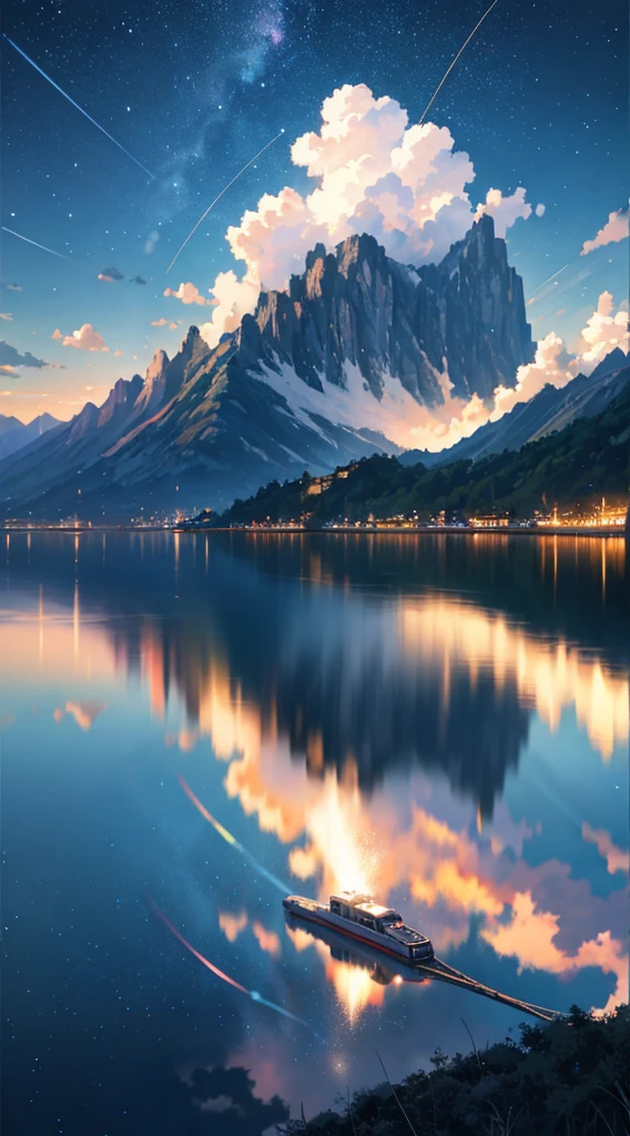 High quality masterpiece, landscape, anime train passing through bodies of water on tracks, bright starry sky. Romantic train, pixiv, concept art, lofi art style, reflection. by Makoto Shinkai, lofi art, Beautiful anime scene, Anime landscape, detailed scenery —width 672, in style of Makoto shinkai, style of Makoto shinkai, ノーガール、enhanced details.