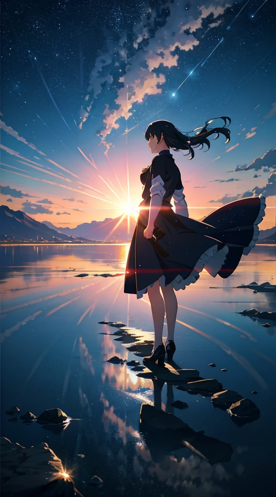 High quality masterpiece, landscape, anime train passing through bodies of water on tracks, bright starry sky. Romantic train, pixiv, concept art, lofi art style, reflection. by Makoto Shinkai, lofi art, Beautiful anime scene, Anime landscape, detailed scenery —width 672, in style of Makoto shinkai, style of Makoto shinkai, ノーガール、enhanced details.