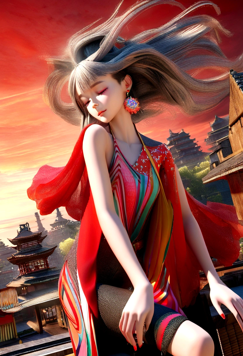 A stunning top-down illustration captures the essence of happiness as a beautiful Asian woman, radiating joy. She dons a vibrant, patterned colorful t-shirt and sparkling silver earrings, her hair flowing down her shoulders. The background showcases a vivid, urban landscape with modern architecture, set against a fiery red hue. The entire piece exudes energy and charm, masterfully rendered in a detailed 3D style, blending fashion, vibrant colors, and conceptual art elements., 3d render, conceptual art, fashion, vibrant, illustration