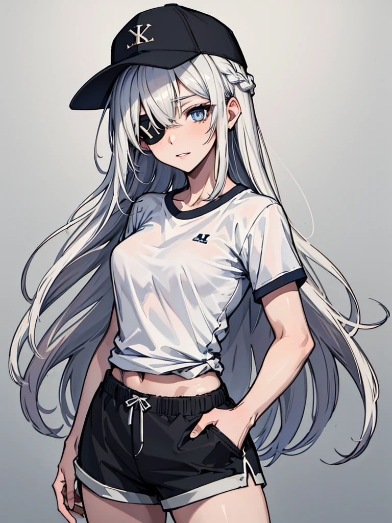 (absurdres, 8k, 4k, masterpiece, hyper extreme detailed:1.2), solo, 1girl, portrait, best quality, expressive eyes, perfect face, portrait, looking at viewer, solo, standing, casual wear, toned, white haired, eye patch, braided hair, long hair, medium breasts, scars, blue eyes, very long hair, military, shorts, white t-shirt, toned body, athletic body, muscular, friendly, calm, graphic t-shirt, medium bust, graphic t-shirt, baseball cap,
