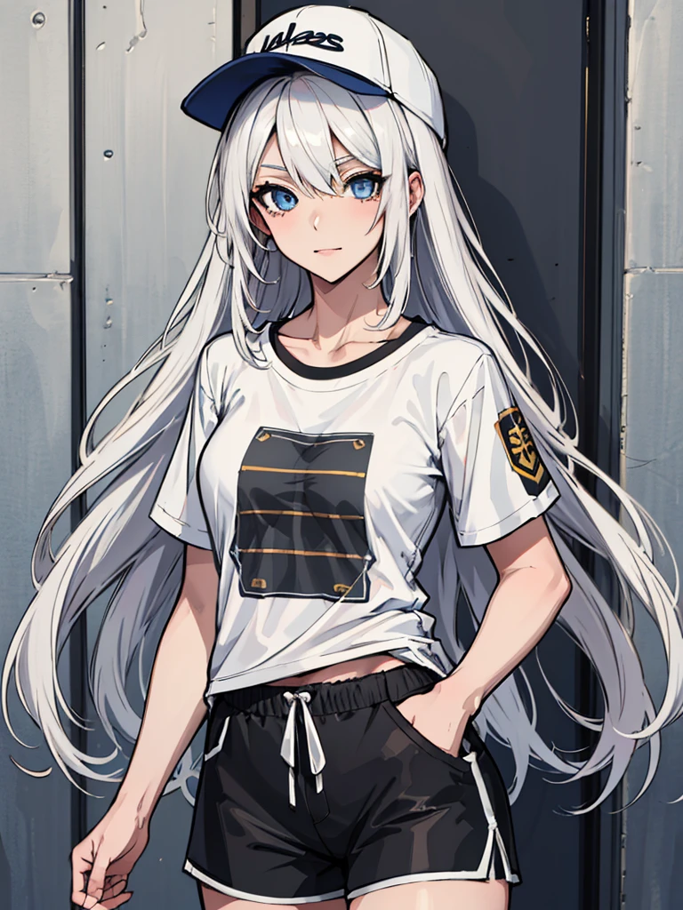 (absurdres, 8k, 4k, masterpiece, hyper extreme detailed:1.2), solo, 1girl, portrait, best quality, expressive eyes, perfect face, portrait, looking at viewer, solo, standing, casual wear, toned, white haired, eye patch, braided hair, long hair, medium breasts, scars, blue eyes, very long hair, military, shorts, white t-shirt, toned body, athletic body, muscular, friendly, calm, graphic t-shirt, medium bust, graphic t-shirt, baseball cap,
