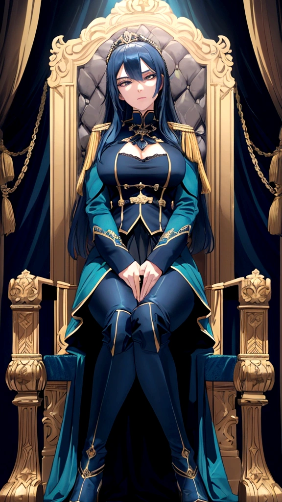a very beautiful and seductive woman with the face of the reference image, sitting on an ornate throne chair, wearing a dark blue military uniform in Prusian Blue tone, details on the clothing in highly detailed aquamarine green, 8K, Masterpiece artwork, cinematic lighting, dramatic pose, Bright dark, details Intricate, rich colors , chic, majestic, look low and arrogant from top to bottom, mighty, age between 30 and 40 years, don't wear a skirt, wears pants, with camera looking from below