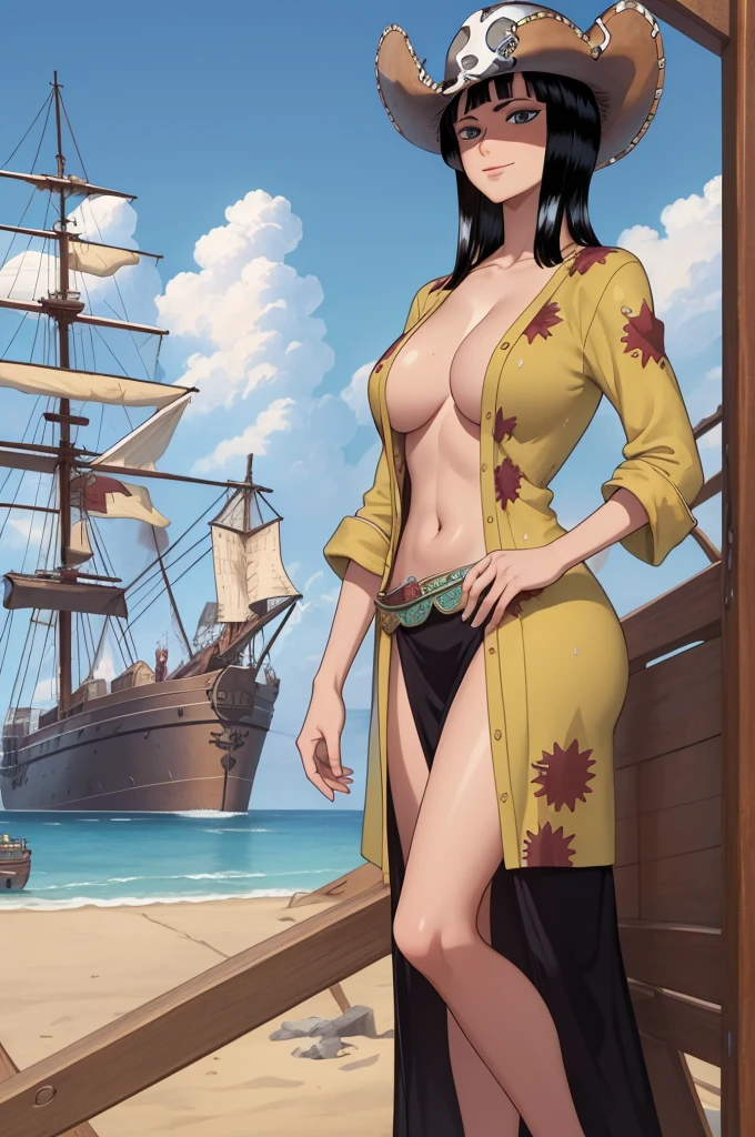 (work of art),best qualityer,incredible,fine-details.Depth of field,beautiful detailed eyes, nico robin, 1 girl,cowboy shot,mature woman,glad,drlight smile, detailed complex background , Standing on the ship , (big pirate ship) , (wearing pirate clothes) , skin detailed, gazing at viewer , Perfect Anatomia , (((Holding the map in one hand))) , wearing straw hat , (straw hat) , nico robin , slicked black hair ,(Standing on the ship) , Sunnyday , blue sky, breasts big