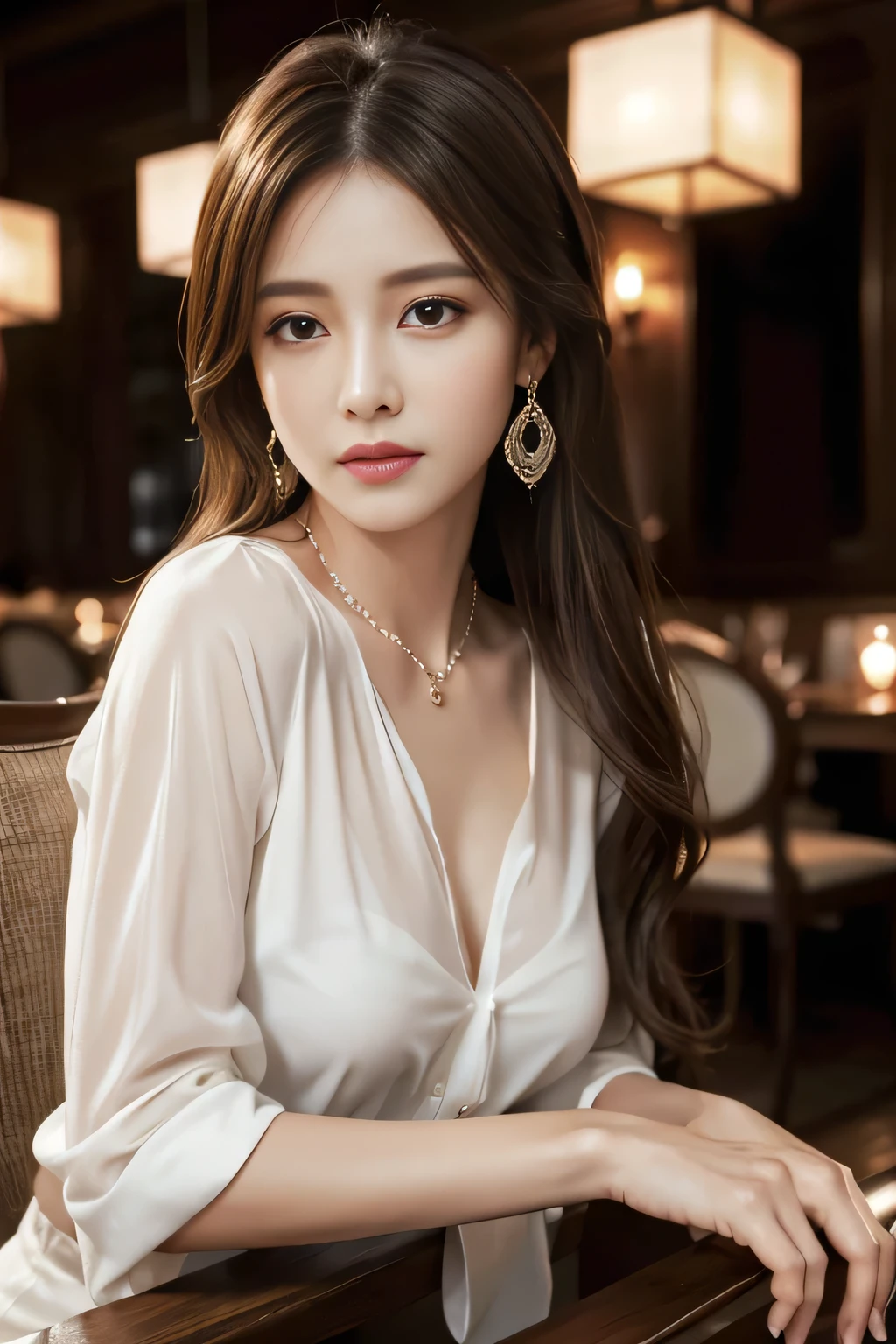 masterpiece, Highest quality, Realistic, Very detailed, Finer details, High resolution, 8k wallpaper, One beautiful woman, Wear an elegant white see-through shirt, In a great restaurant, At night, Light brown messy hair, Perfect dynamic composition, Beautiful and beautiful eyes、Big earrings、Sit on a chair、