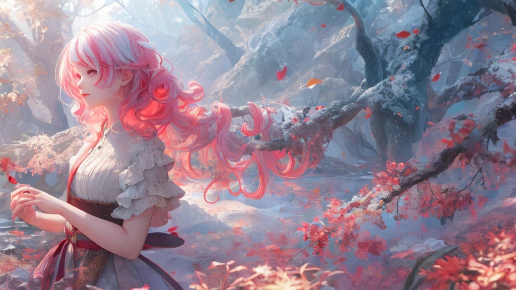 A girl,Rainbow Hair,romanticized nature,curls,A dreamlike state,light white and light red,Great atmosphere,Beautifully,CG Rendering,Detailed rendering
