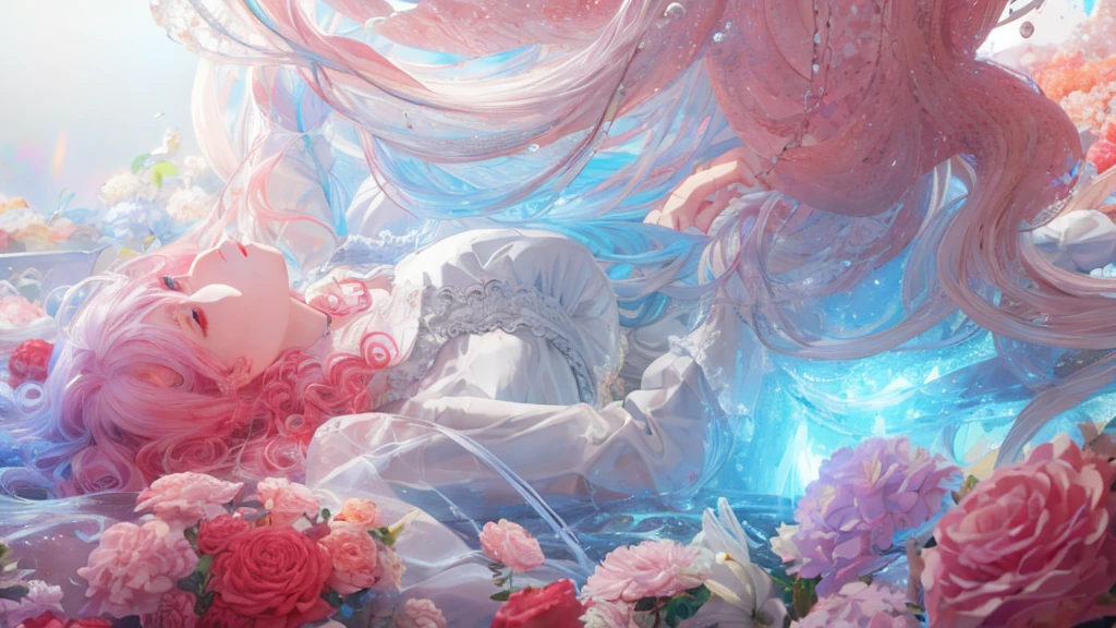 A girl，Rainbow Hair，romanticized nature，curls，A dreamlike state，light white and light red，Great atmosphere，Beautifully，CG Rendering，Detailed rendering
