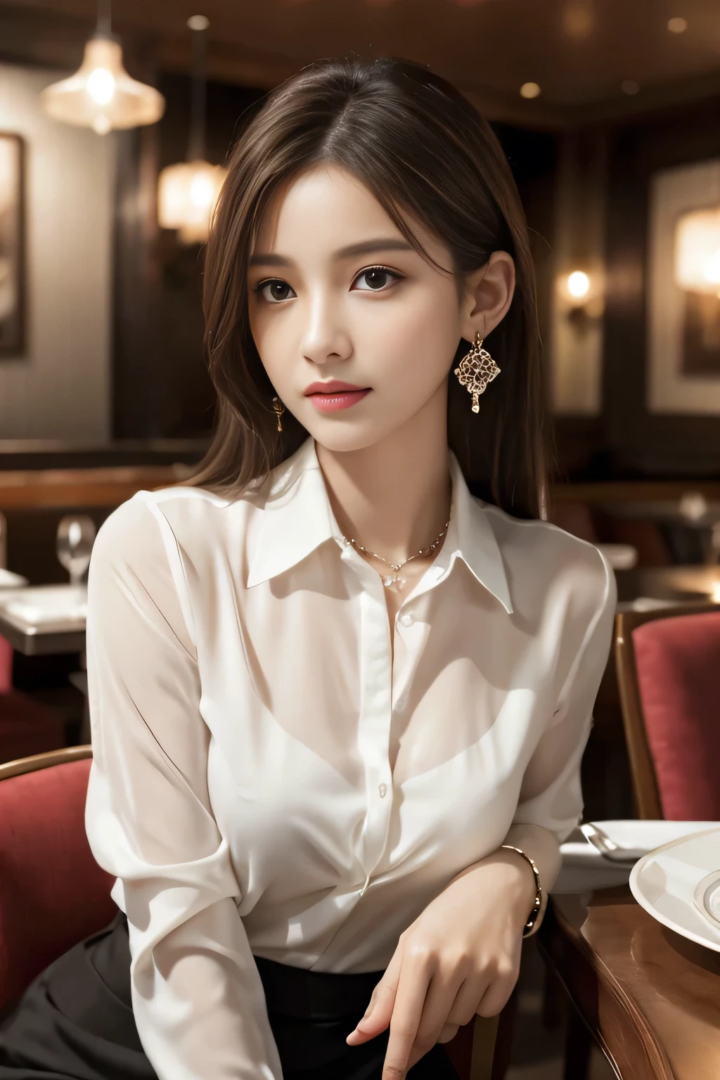 masterpiece, Highest quality, Realistic, Very detailed, Finer details, High resolution, 8k wallpaper, One beautiful woman, Wear an elegant white see-through shirt, In a great restaurant, At night, Light brown messy hair, Perfect dynamic composition, Beautiful and beautiful eyes、Big earrings、Sit on a chair、