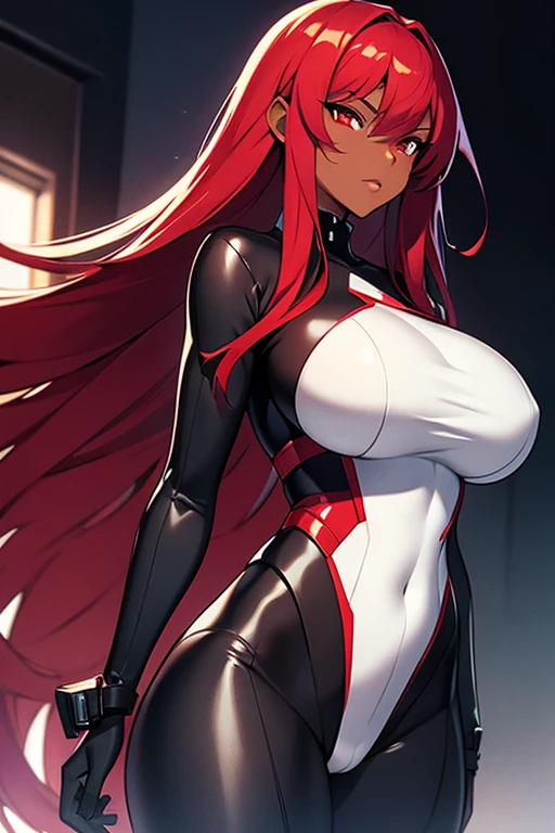 girl, with giant breasts, Red hair , wide, crimson eyes, silver spy suit, ebony black skin.