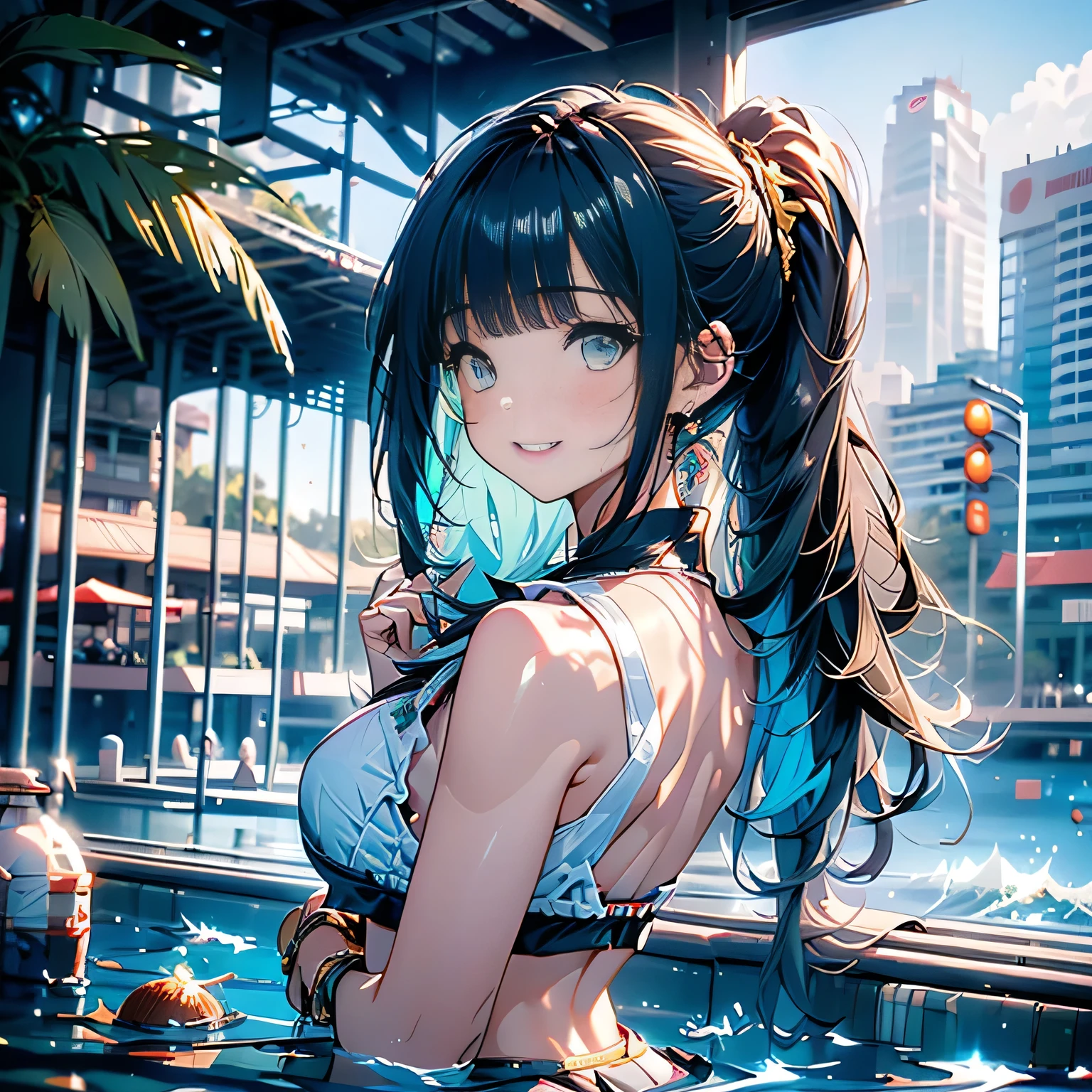 (Looking back at the audience),((Panty shot)),((Roll up your skirt)),((White panties focus)),Recall,(Low - Angle,From below),((masterpiece, Highest Resolution,Highest quality)), (Beautiful illustrations), ((Semi-long beautiful black hair,Blunt bangs,ponytail,Beautiful green eyes)),(alone),(Japanese high ,Sailor,mini skirt,Elegant swimwear, bikini,mini skirt),(Looking back at the audience), (Swimming in the sea),(An innocent, cute laugh,teeth), (Cinema Lighting),Beach, sand, blue sky,Wave, Coconut Tree,fish,boat,See Gold。,