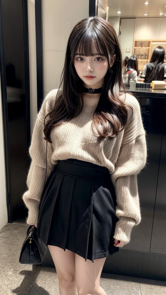 highest quality、8k、32k、masterpiece、Hmph:1.2)、One Girl、Girl with long hair、Beautiful Japanese Woman、Black-haired、Heavy bangs、Long sleeve shirt、Hair length、A fluffy white sweater、Don't expose it、D Cup,choker、plump breasts, large breasts, Bright red eyeliner、full body