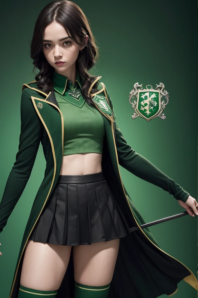 create a sexy Slytherin Quidditch sports uniform from the world of Harry Potter, preferably a top and a skirt with green and black tones and a small slytherin serpent coat of arms on the chest.