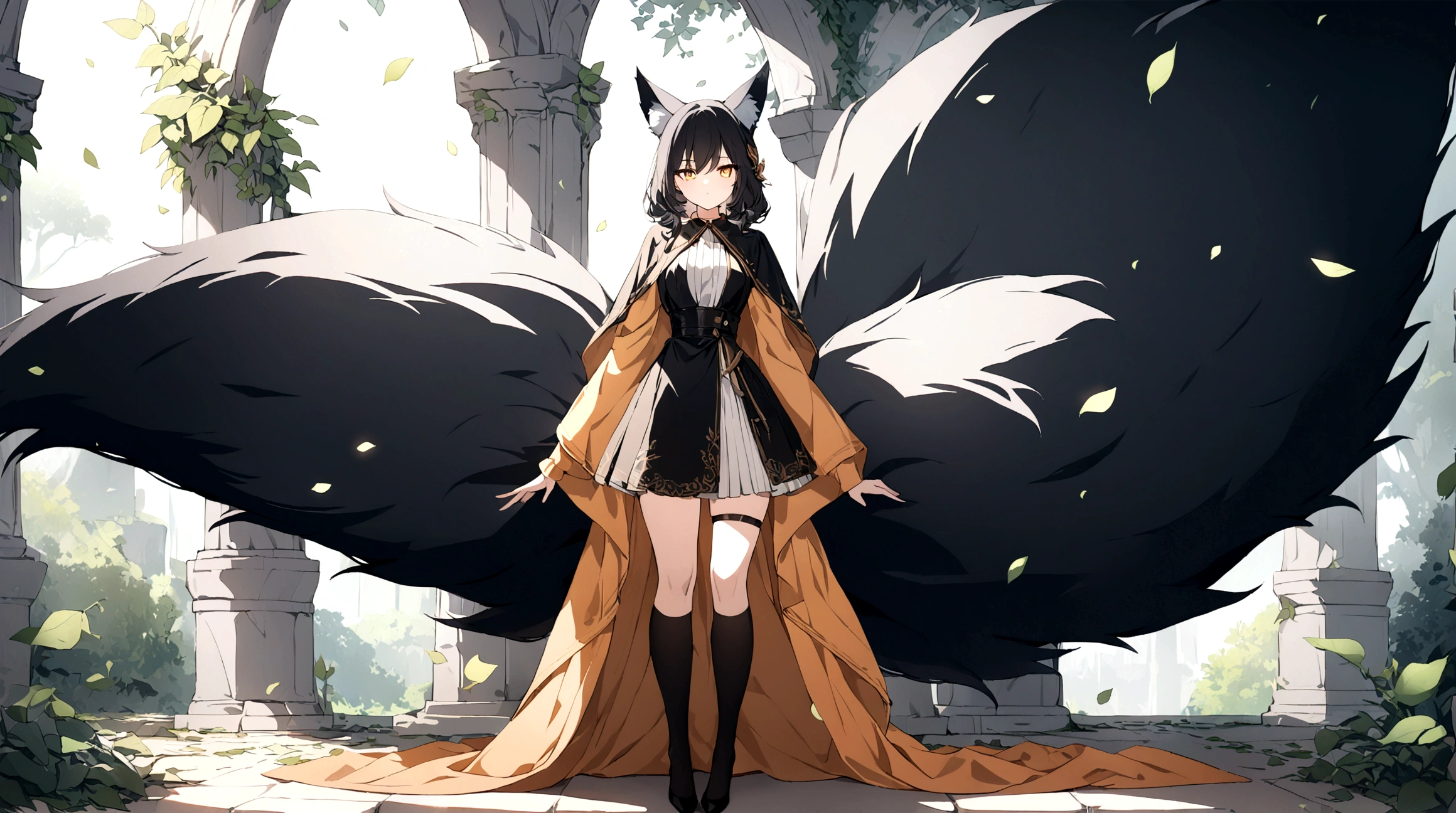 (1girl, Masterpiece, best quality) (detailed and beautiful eyes:1.6) (perfect hands, perfect anatomy) ((full body)) ((Adult)) fox-girl Misaki has ((short black hair styled in a slightly tousled manner and her fox ears are perked up attentively.)) (She wears a long, black leather coat and cloak adorned with intricate designs.) Her outfit includes a high-collared adventurer medium dress with red accents and leather straps, emphasizing a combination of elegance and practicality. She has a black fluffy fox tail. She has a black over-to-knee socks. Misaki's orange eyes exude a sense of mystery and confidence. Light filtering through the leaves create a serene yet enigmatic atmosphere. Her positon showcases her strength, adultness and readiness for battle.
