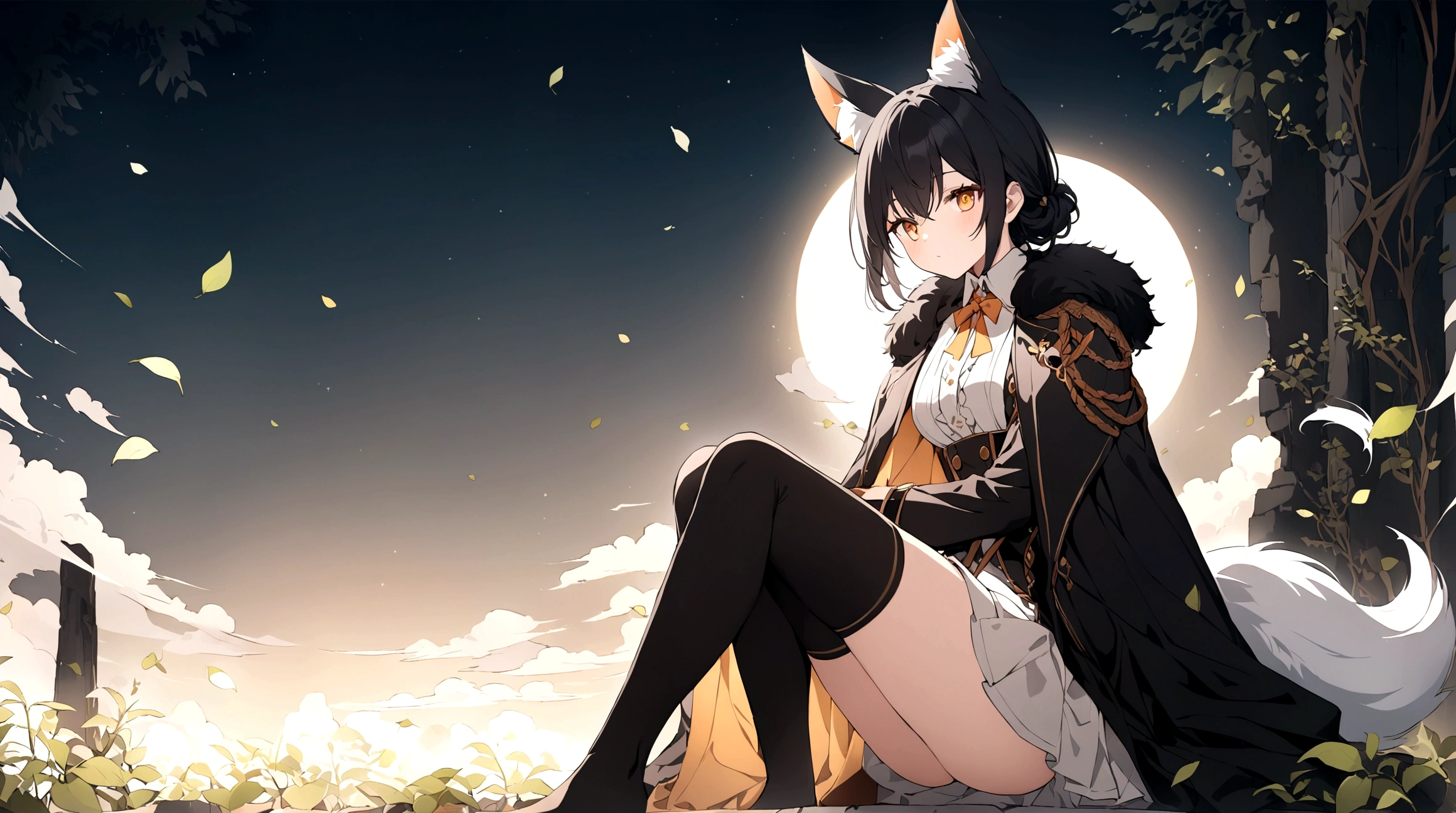 (1girl, Masterpiece, best quality) (detailed and beautiful eyes:1.6) (perfect hands, perfect anatomy) ((full body)) ((Adult)) fox-girl Misaki has ((short black hair styled in a slightly tousled manner and her fox ears are perked up attentively.)) (She wears a long, black leather coat and cloak adorned with intricate designs.) Her outfit includes a high-collared adventurer medium dress with red accents and leather straps, emphasizing a combination of elegance and practicality. She has a black fluffy fox tail. She has a black over-to-knee socks. Misaki's orange eyes exude a sense of mystery and confidence. Light filtering through the leaves create a serene yet enigmatic atmosphere. Her positon showcases her strength, adultness and readiness for battle.