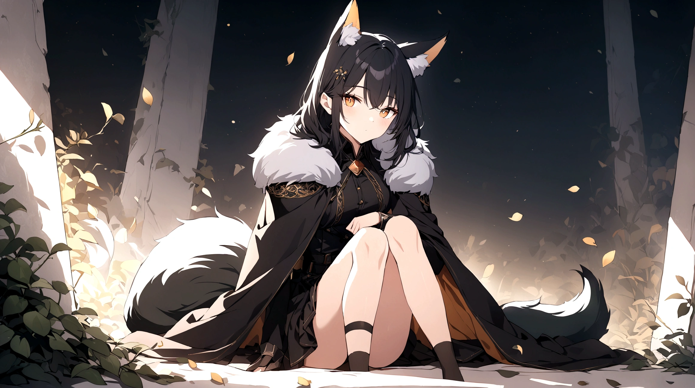 (1girl, Masterpiece, best quality) (detailed and beautiful eyes:1.6) (perfect hands, perfect anatomy) ((full body)) ((Adult)) fox-girl Misaki has ((short black hair styled in a slightly tousled manner and her fox ears are perked up attentively.)) (She wears a long, black leather coat and cloak adorned with intricate designs.) Her outfit includes a high-collared adventurer medium dress with red accents and leather straps, emphasizing a combination of elegance and practicality. She has a black fluffy fox tail. She has a black over-to-knee socks. Misaki's orange eyes exude a sense of mystery and confidence. Light filtering through the leaves create a serene yet enigmatic atmosphere. Her positon showcases her strength, adultness and readiness for battle.