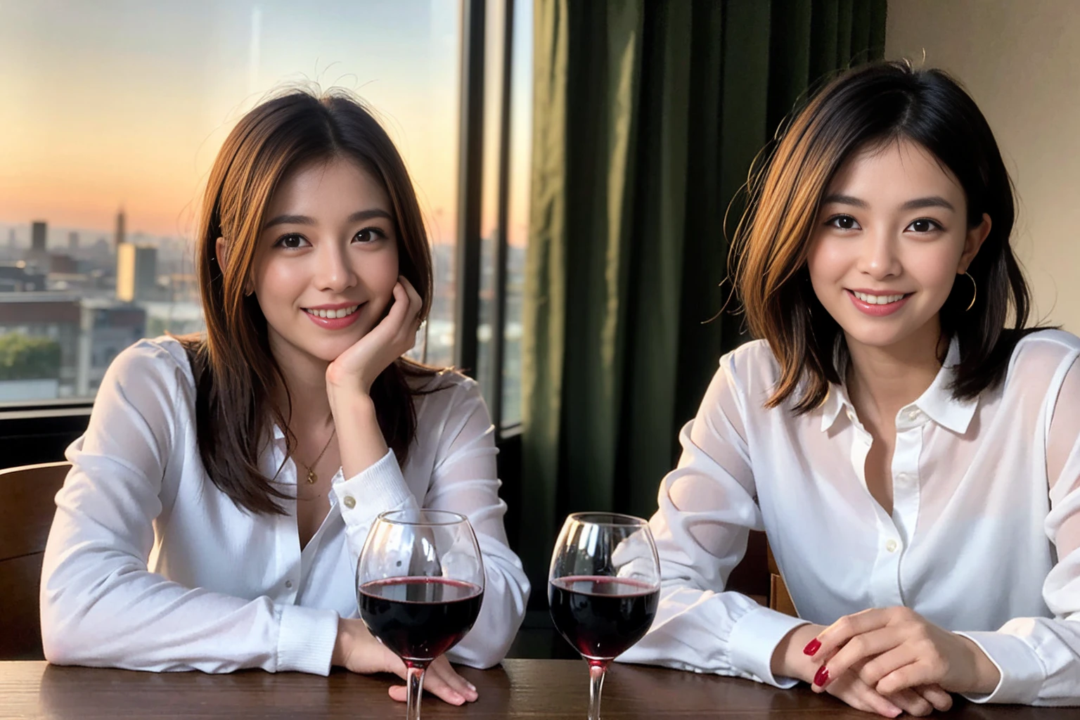 ((Highest quality、8K、masterpiece:1.3))、 (Ultra-realistic、 Genuine、Bright image、Intricate details:1.2), 最高のsmile、Slim Beauty、1 male 1 female、Beautiful couple、love love love、Slim lover、Suzuki Honami-like lover、actress couple、smile、Full-course dinner at a packed table、 (Slim face), (the body is slim), (Brown Hair), (short hair), テーブルのwine glass、Please shine a light on my face、 Amazing view of the sunset sky and clouds、42 years old 39 years old, red wine 、Appetizers、Wine bottle、sparkling wine、Long sleeve shirt、dress、White wine, red wine, wine glass,